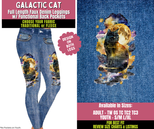 Preorder! Closes 11/5. ETA Jan. Galactic Cat Faux Denim Leggings w/ Side Leg Designs Choose Fleece or Traditional