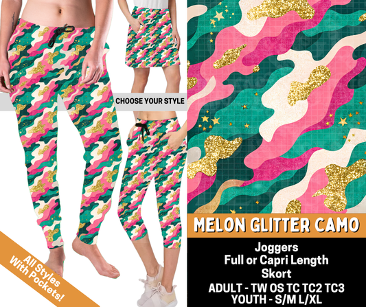 Preorder! Closes 6/1. ETA Sept. Melon Glitter Camo Combo Jogger Lengths & Skort