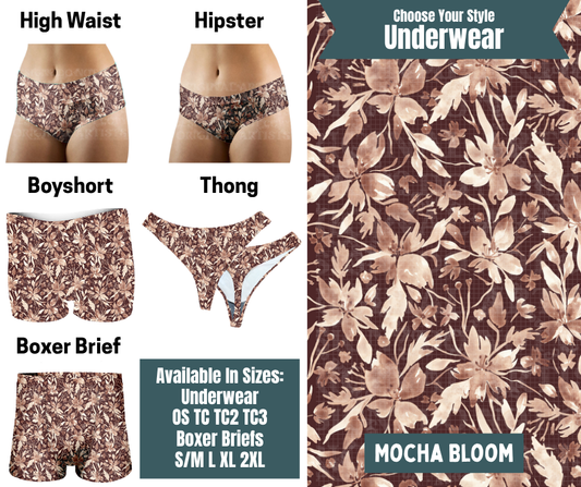 Preorder! Closes 9/30. ETA Dec. Mocha Bloom Hipster, High Waist, Boyshort, & Thong Underwear & Boxer Briefs