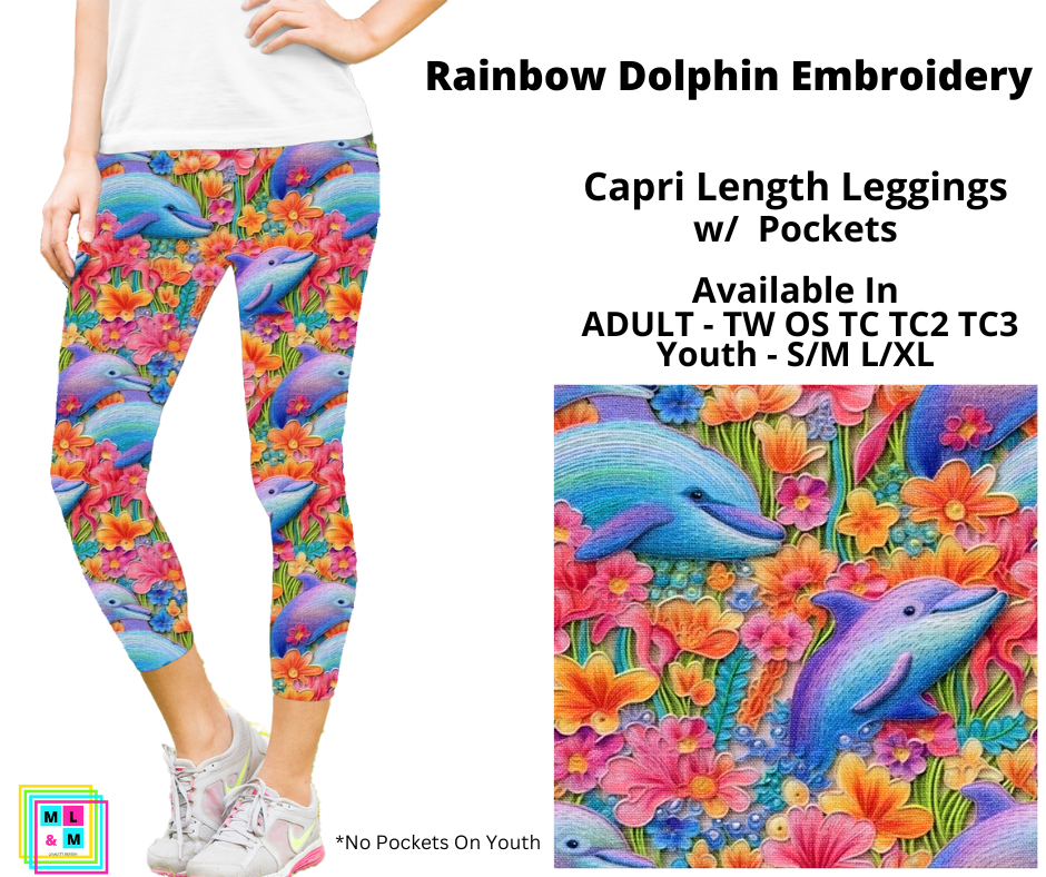 Rainbow Dolphin Embroidery Capri Length w/ Pockets