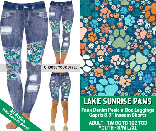 Preorder! Closes 2/18. ETA May. Lake Sunrise Paws Combo Faux Denim Peekaboo Legging Lengths - Alonna's Legging Land