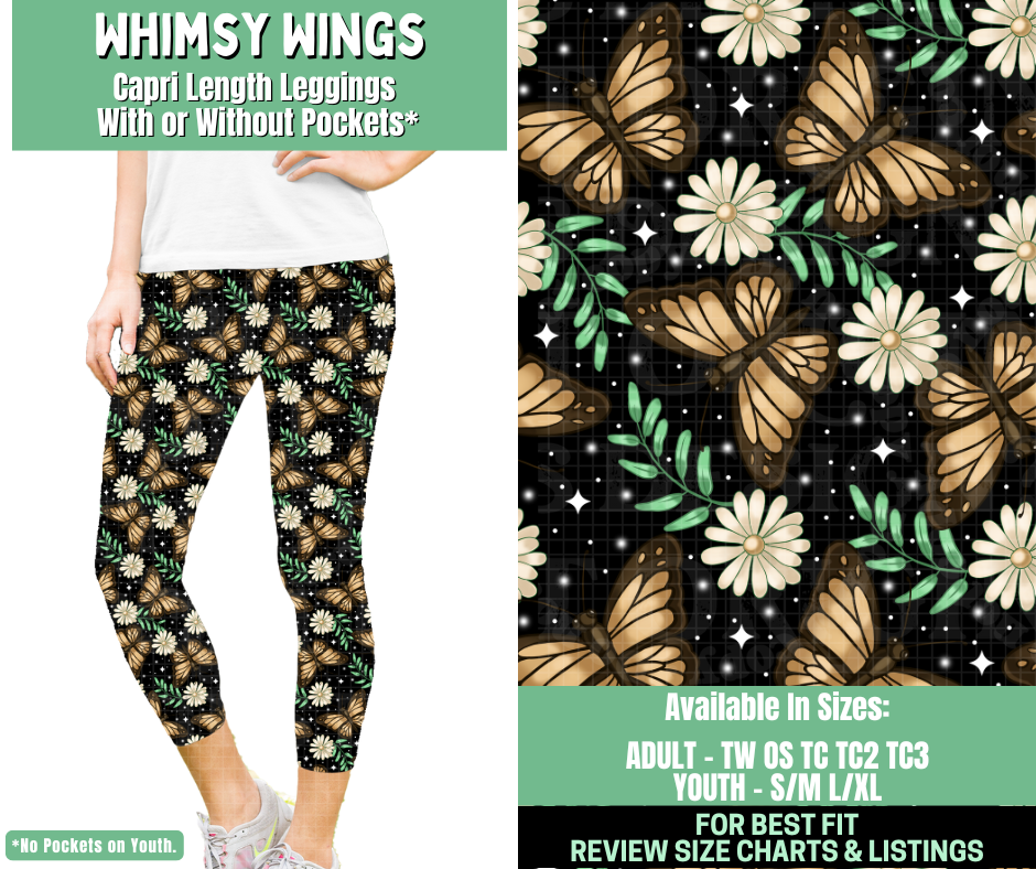 Preorder! Closes 1/7. ETA March. Whimsy Wings Capri Length Leggings w/wo Pockets