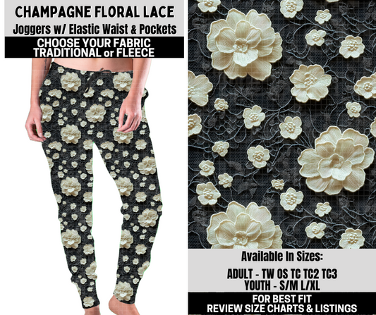 Preorder! Closes 10/6. ETA Dec. Champagne Floral Lace Joggers Choose Fleece or Traditional