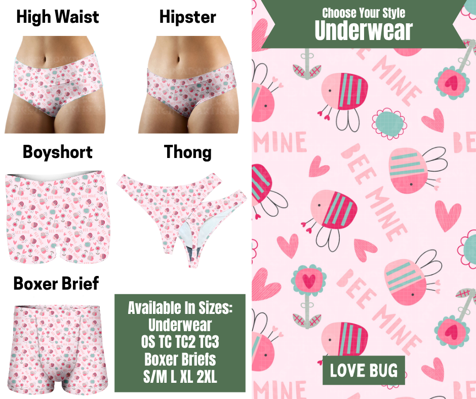 Preorder! Closes 11/24. ETA Jan. Love Bug Hipster, High Waist, Boyshort, & Thong Underwear & Boxer Briefs