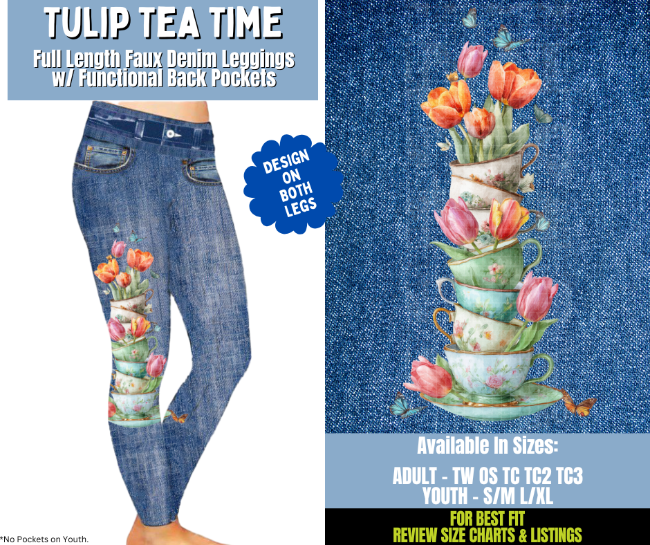Preorder! Closes 12/15. ETA March. Tulip Tea Time Full Length Faux Denim w/ Side Leg Designs