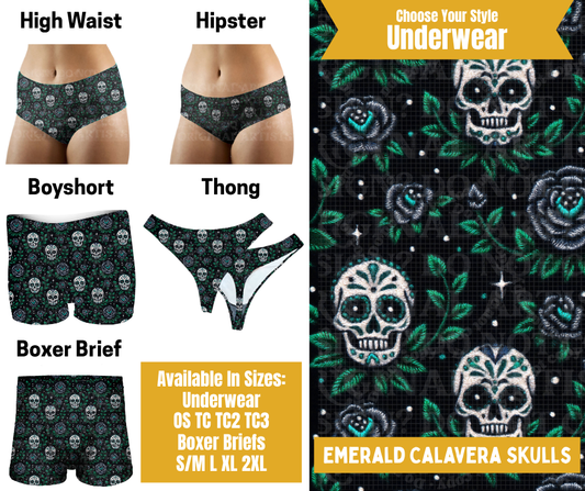 Preorder! Closes 10/28. ETA Jan. Emerald Calavera Skulls Hipster, High Waist, Boyshort, & Thong Underwear & Boxer Briefs