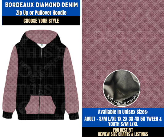 Preorder! Closes 9/16. ETA Dec. Bordeaux Diamond Denim Zip-Up or Pullover Hoodie