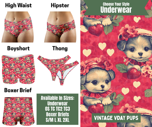 Preorder! Closes 11/24. ETA Jan. Vintage Vday Pups Hipster, High Waist, Boyshort, & Thong Underwear & Boxer Briefs