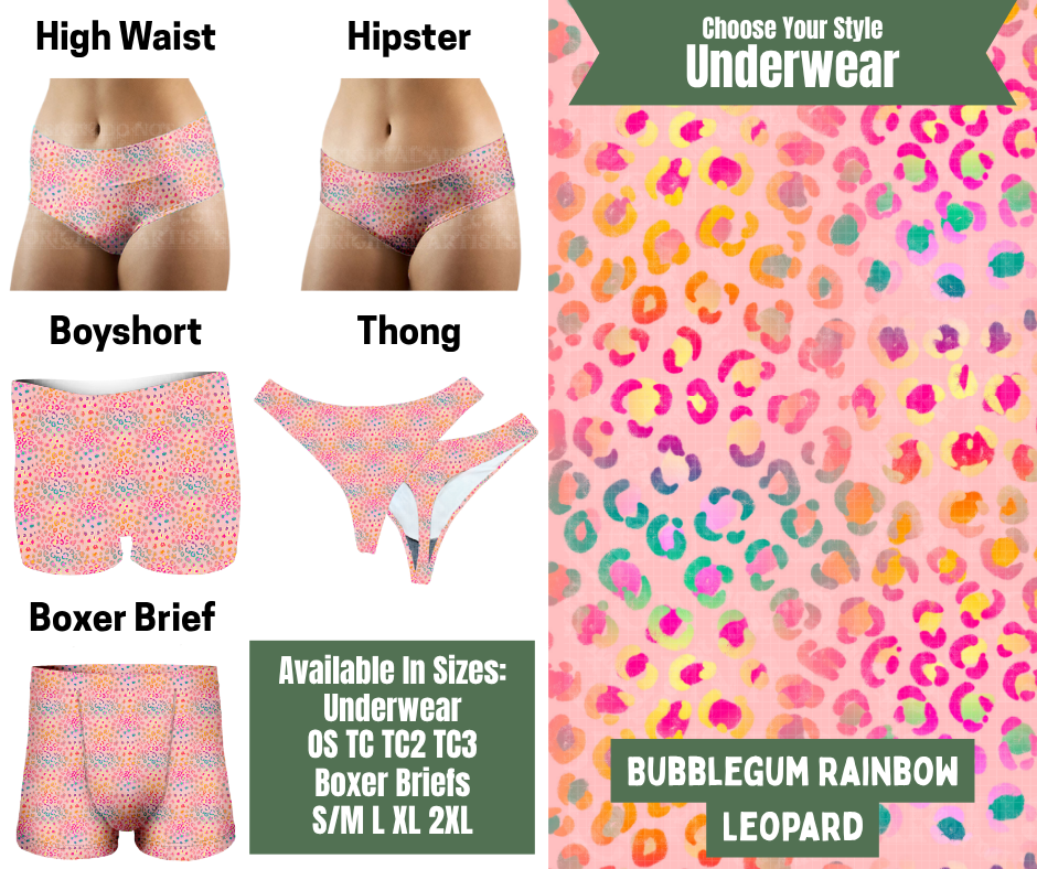 Preorder! Closes 11/24. ETA Jan. Bubblegum Rainbow Leopard Hipster, High Waist, Boyshort, & Thong Underwear & Boxer Briefs