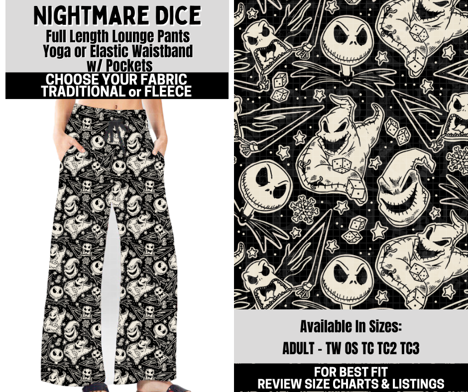Preorder! Closes 10/6. ETA Dec. Nightmare Dice Lounge Pants Choose Fleece or Traditional
