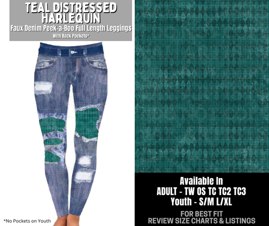 Preorder! Closes 12/3. ETA Feb. Teal Distressed Harlequin Full Length Faux Denim Peekaboo