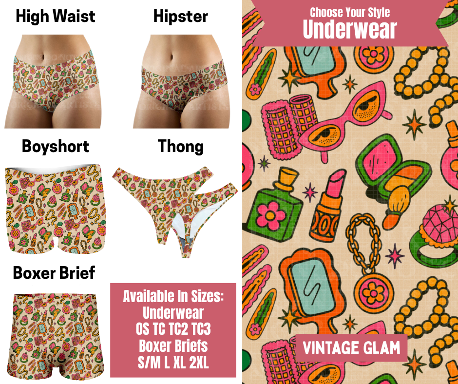 Preorder! Closes 9/29. ETA Dec. Vintage Glam Hipster, High Waist, Boyshort, & Thong Underwear & Boxer Briefs