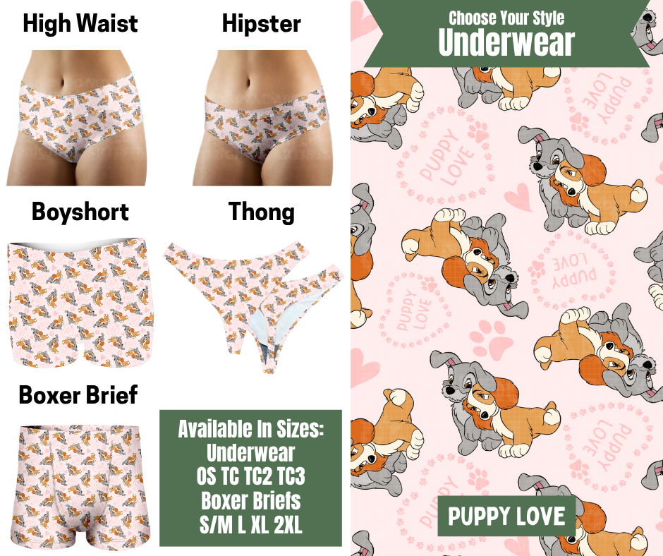 Preorder! Closes 11/24. ETA Jan. Puppy Love Hipster, High Waist, Boyshort, & Thong Underwear & Boxer Briefs