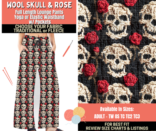 Preorder! Closes 10/1. ETA Dec. Wool Skull & Rose Lounge Pants Choose Fleece or Traditional