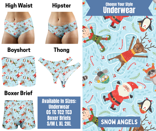 Preorder! Closes 8/26. ETA Nov. Snow Angels Hipster, High Waist, Boyshort, & Thong Underwear & Boxer Briefs
