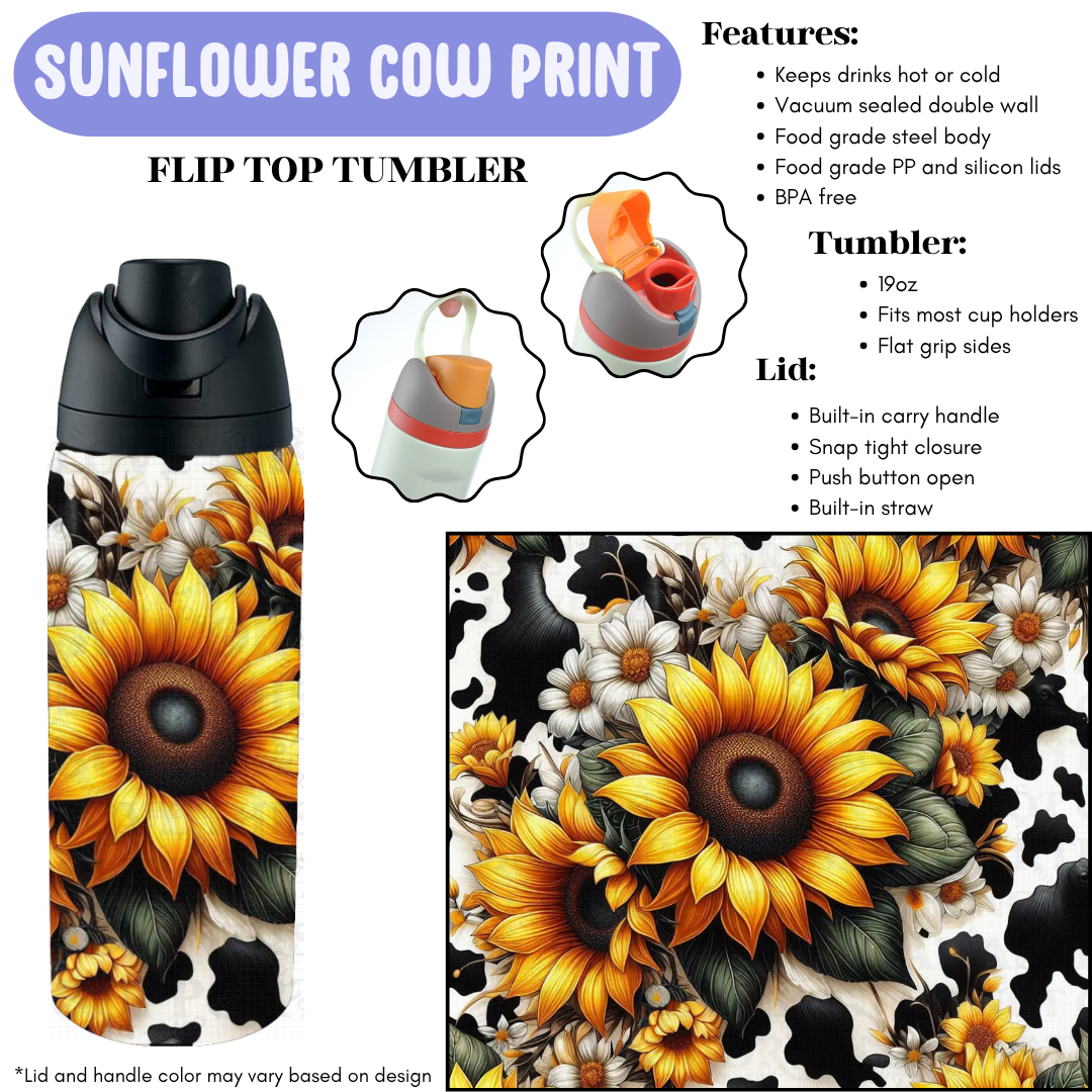 Preorder! Closes 12/11. ETA Feb. Sunflower Cow Print Flip Top Tumbler