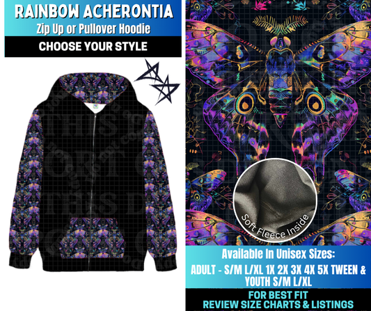 Preorder! Closes 12/17. ETA March. Rainbow Acherontia Zip-Up or Pullover Hoodie