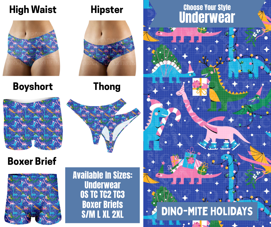 Preorder! Closes 8/26. ETA Nov. Dino-mite Holidays Hipster, High Waist, Boyshort, & Thong Underwear & Boxer Briefs