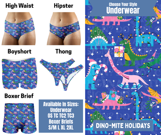 Preorder! Closes 8/26. ETA Nov. Dino-mite Holidays Hipster, High Waist, Boyshort, & Thong Underwear & Boxer Briefs