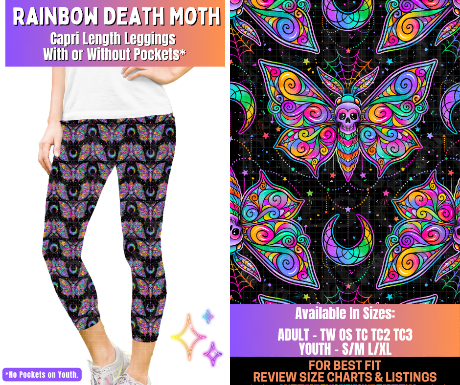 Preorder! Closes 12/10. ETA March. Rainbow Death Moth Capri Length Leggings w/wo Pockets