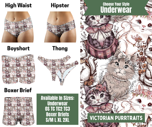 Preorder! Closes 11/24. ETA Jan. Victorian Purrtraits Hipster, High Waist, Boyshort, & Thong Underwear & Boxer Briefs