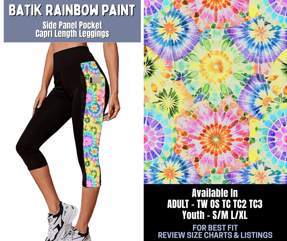 Preorder! Closes 1/8. ETA March. Batik Rainbow Paint Side Panel Pocket Capri Length Leggings