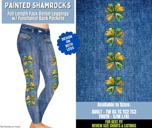 Preorder! Closes 12/15. ETA March. Painted Shamrocks Full Length Faux Denim w/ Side Leg Designs