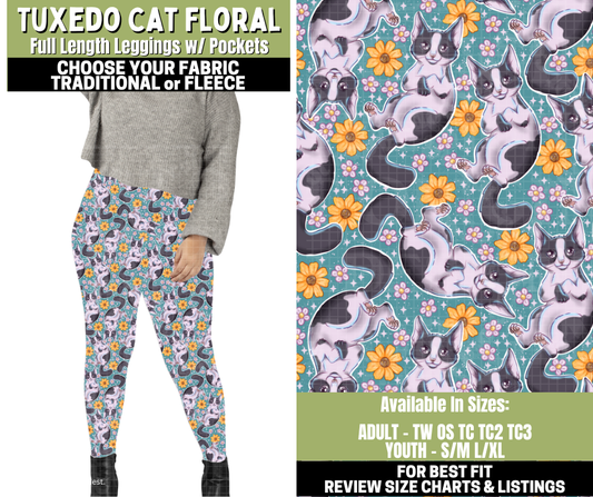 Preorder! Closes 11/6. ETA Jan. Tuxedo Cat Floral Leggings Choose Fleece or Traditional