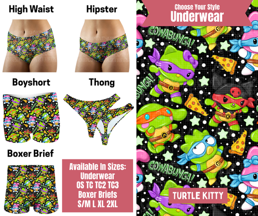 Preorder! Closes 9/29. ETA Dec. Turtle Kitty Hipster, High Waist, Boyshort, & Thong Underwear & Boxer Briefs