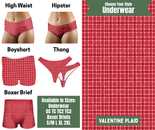 Preorder! Closes 11/24. ETA Jan. Valentine Plaid Hipster, High Waist, Boyshort, & Thong Underwear & Boxer Briefs