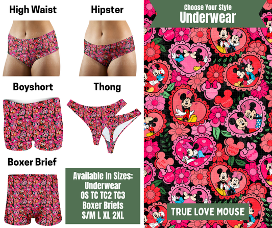 Preorder! Closes 11/24. ETA Jan. True Love Mouse Hipster, High Waist, Boyshort, & Thong Underwear & Boxer Briefs