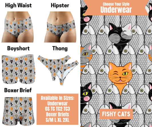 Preorder! Closes 11/5. ETA Feb. Fishy Cats Hipster, High Waist, Boyshort, & Thong Underwear & Boxer Briefs