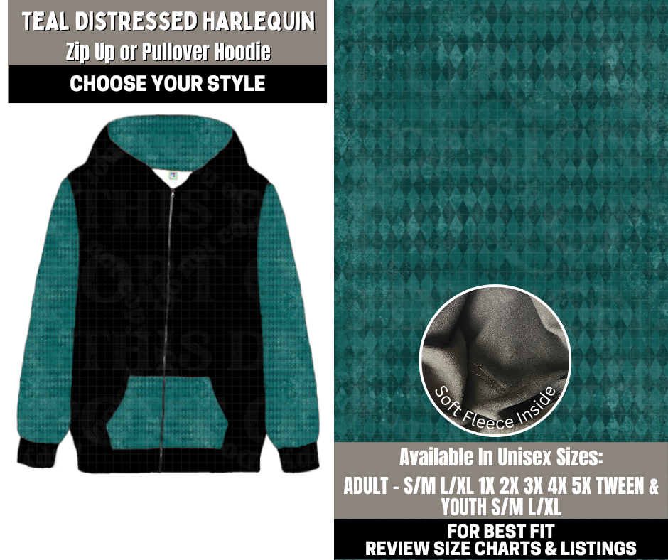 Preorder! Closes 12/1. ETA Feb. Teal Distressed Harlequin Zip-Up or Pullover Hoodie