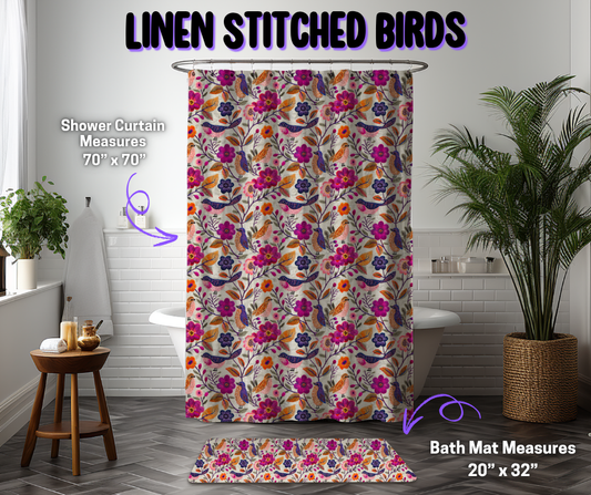Preorder! Closes 12/8. ETA March. Linen Stitched Birds Custom Shower Curtain and/or Bath Mat