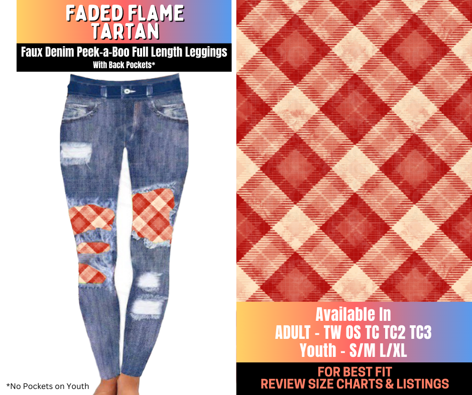 Preorder! Closes 10/16. ETA Jan. Faded Flame Tartan Full Length Faux Denim Peekaboo