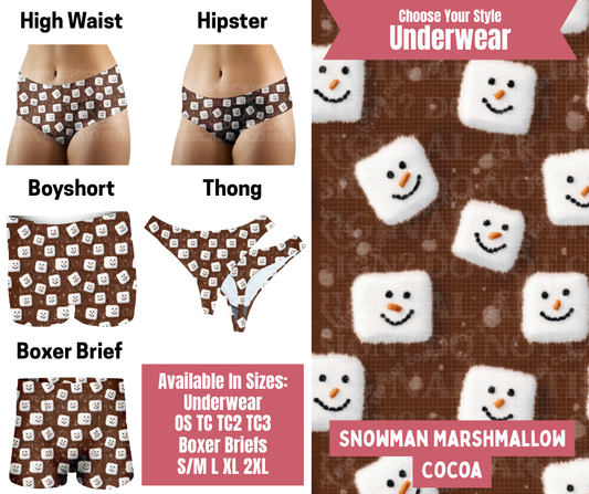 Preorder! Closes 9/29. ETA Dec. Snowman Marshmallow Cocoa Hipster, High Waist, Boyshort, & Thong Underwear & Boxer Briefs