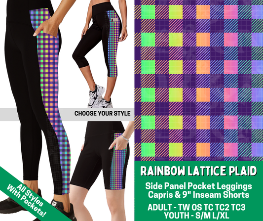 Preorder! Closes 2/18. ETA May. Rainbow Lattice Plaid Combo Side Panel Legging Lengths - Alonna's Legging Land