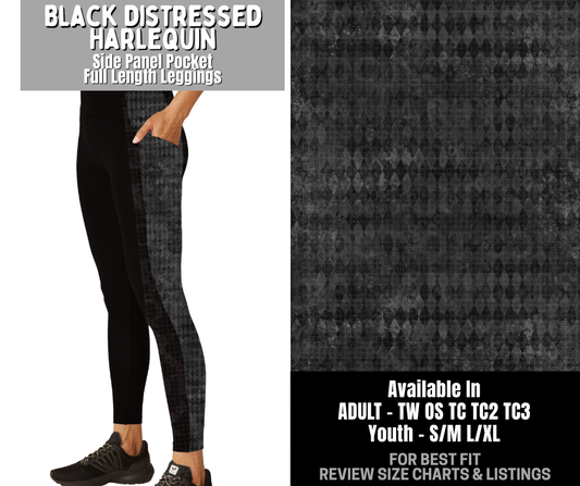 Preorder! Closes 12/3. ETA Feb. Black Distressed Harlequin Side Panel Pocket Full Length Leggings