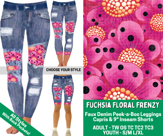Preorder! Closes 2/18. ETA May. Fuchsia Floral Frenzy Combo Faux Denim Peekaboo Legging Lengths - Alonna's Legging Land