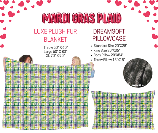 Preorder! Closes 11/17. ETA Jan. Mardi Gras Plaid Luxe Plush Fur Blanket and/or DreamSoft Pillowcase