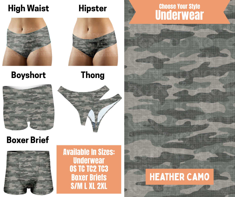 Preorder! Closes 11/5. ETA Feb. Heather Camo Hipster, High Waist, Boyshort, & Thong Underwear & Boxer Briefs