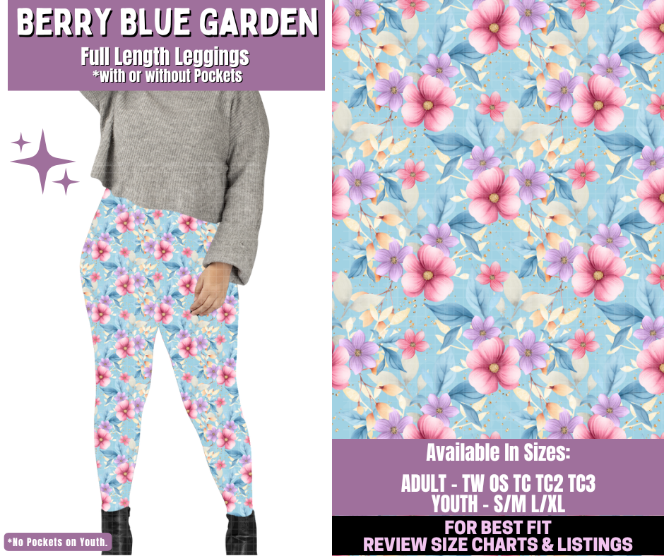 Preorder! Closes 1/14. ETA April. Berry Blue Garden Full Length Leggings w/wo Pockets