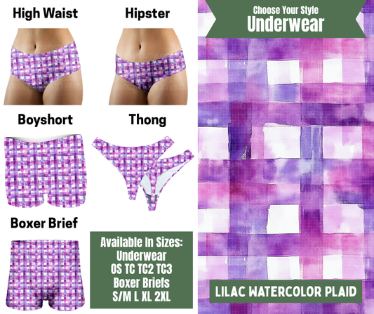 Preorder! Closes 11/24. ETA Jan. Lilac Watercolor Plaid Hipster, High Waist, Boyshort, & Thong Underwear & Boxer Briefs