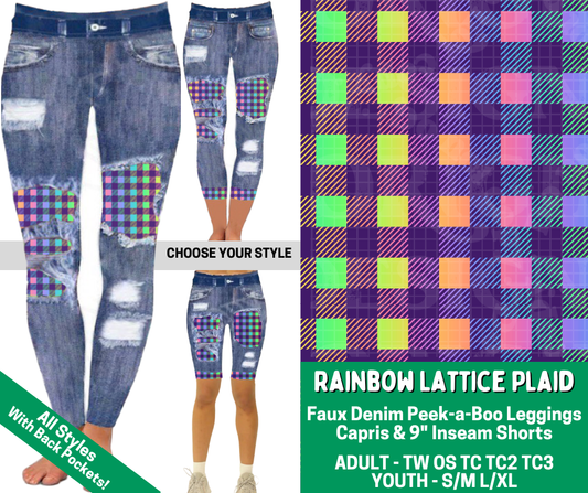 Preorder! Closes 2/18. ETA May. Rainbow Lattice Plaid Combo Faux Denim Peekaboo Legging Lengths - Alonna's Legging Land