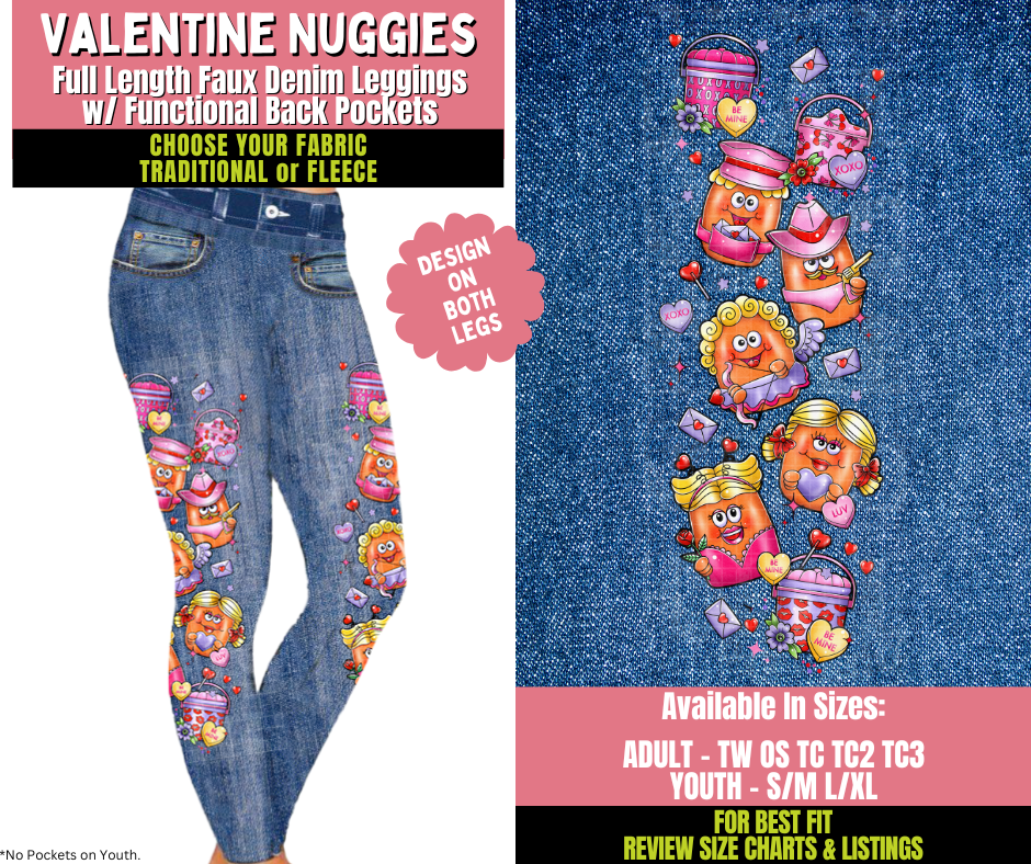 Preorder! Closes 11/20. ETA Jan. Valentine Nuggies Faux Denim Leggings w/ Side Leg Designs Choose Fleece or Traditional