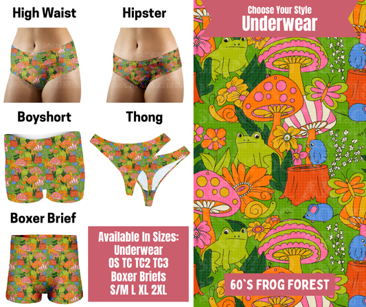 Preorder! Closes 9/29. ETA Dec. 60's Frog Forest Hipster, High Waist, Boyshort, & Thong Underwear & Boxer Briefs