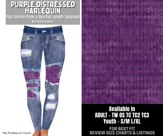 Preorder! Closes 12/3. ETA Feb. Purple Distressed Harlequin Full Length Faux Denim Peekaboo