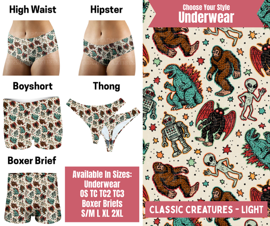 Preorder! Closes 9/29. ETA Dec. Classic Creatures- Light Hipster, High Waist, Boyshort, & Thong Underwear & Boxer Briefs
