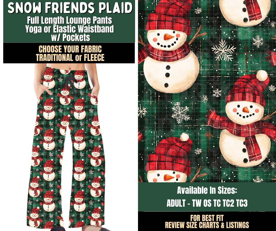 Preorder! Closes 8/12. ETA Nov. Snow Friends Plaid Lounge Pants Choose Fleece or Traditional