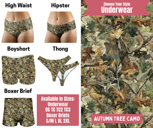 Preorder! Closes 9/29. ETA Dec. Autumn Tree Camo Hipster, High Waist, Boyshort, & Thong Underwear & Boxer Briefs